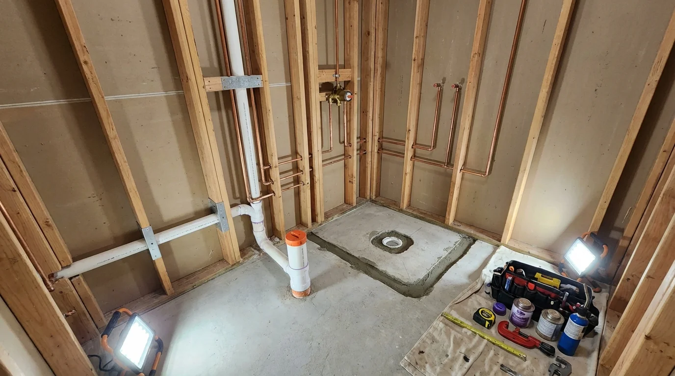 Bathroom rough-in plumbing during remodel by Johns Plumbing LLC in South Whitley