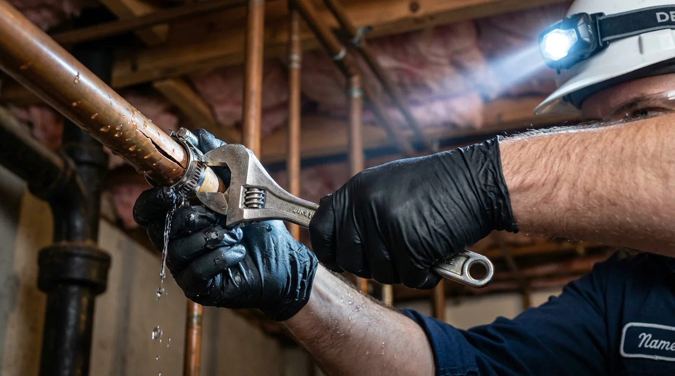 Emergency pipe clamp repair being performed by a Johns Plumbing LLC plumber in South Whitley