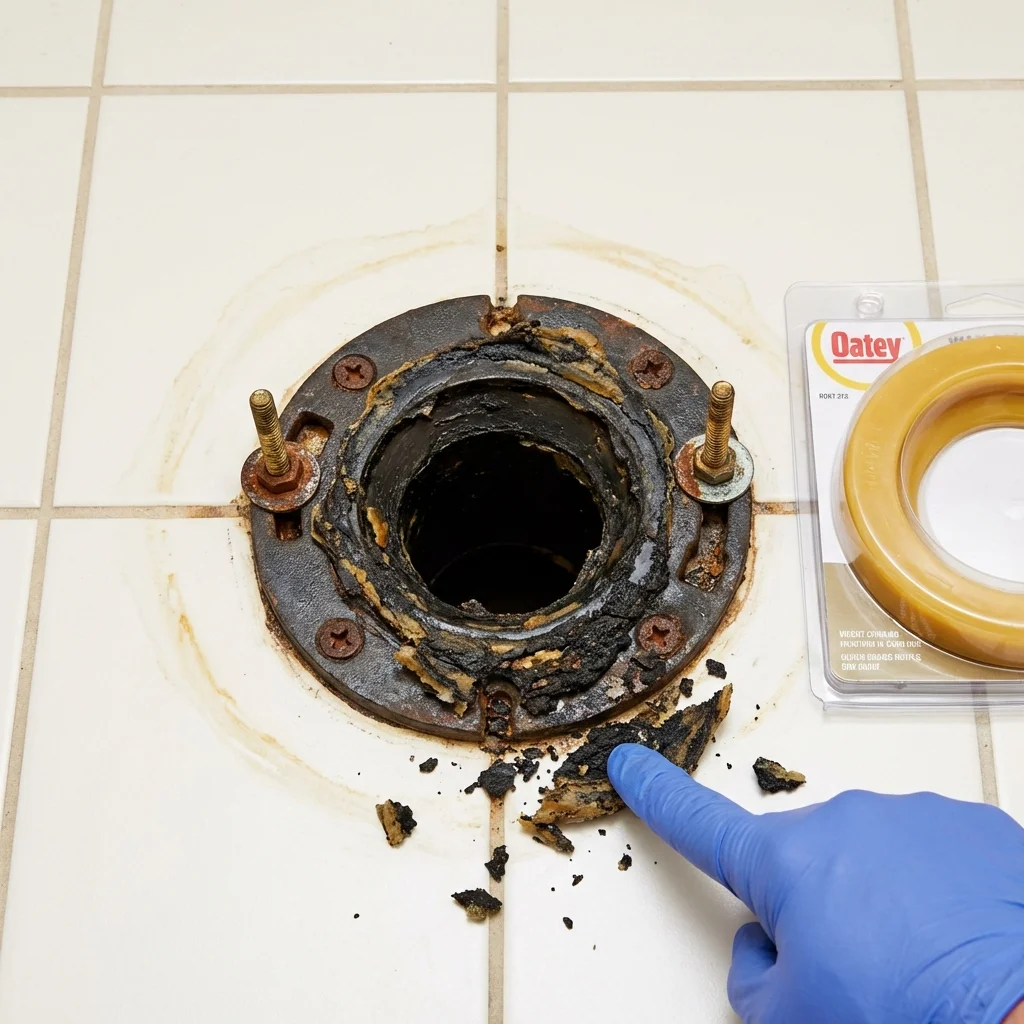 Failed wax ring showing water seepage at the base of a toilet in a South Whitley, IN home