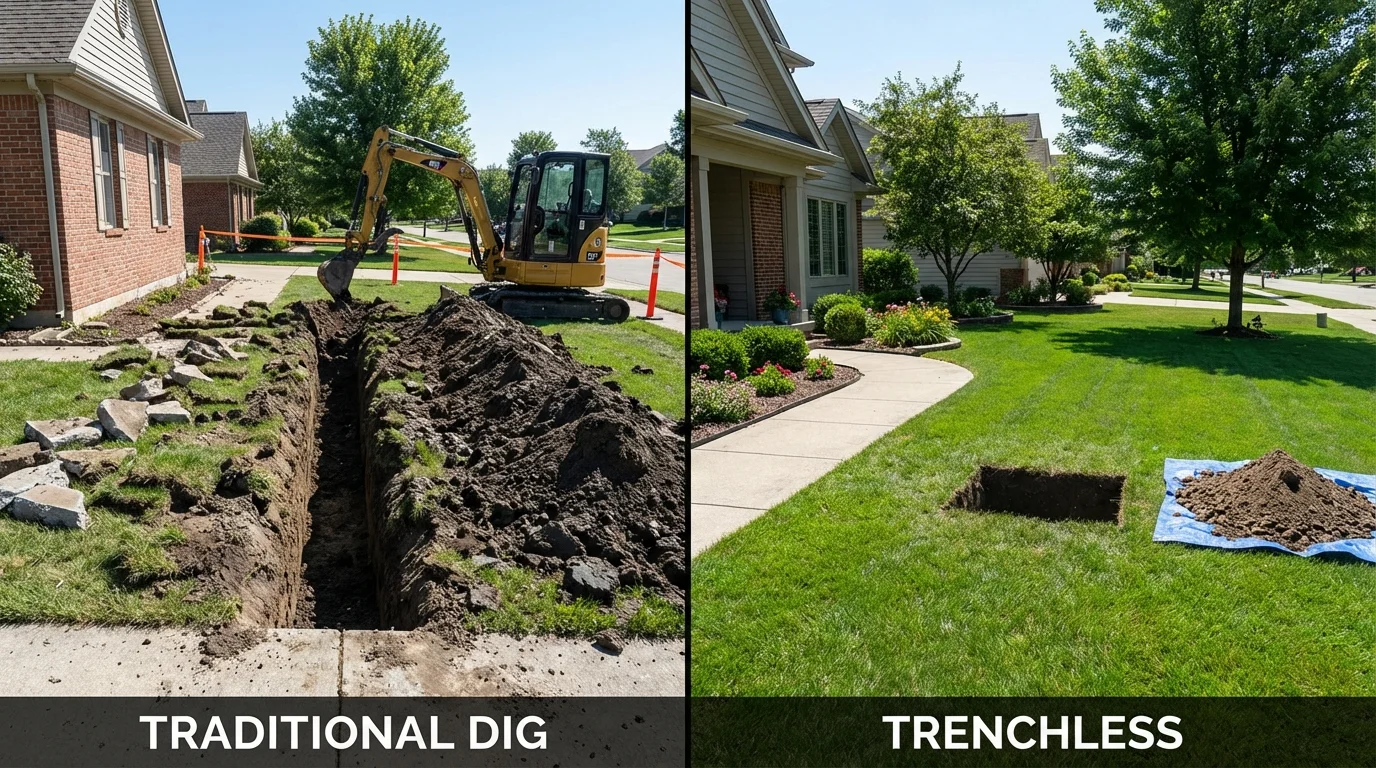 Trenchless sewer repair with minimal yard damage versus traditional excavation in South Whitley, IN