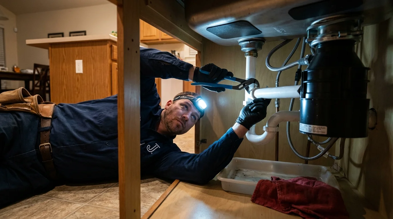 P-trap and supply line connections under a kitchen sink showing a common leak point in South Whitley, IN